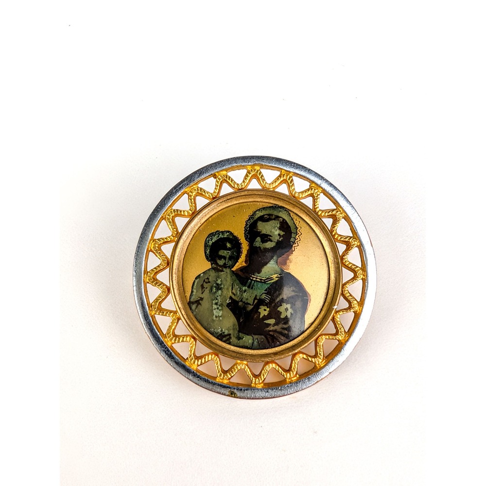Vintage Czech St Joseph & Child Religious Brooch Mixed Metal